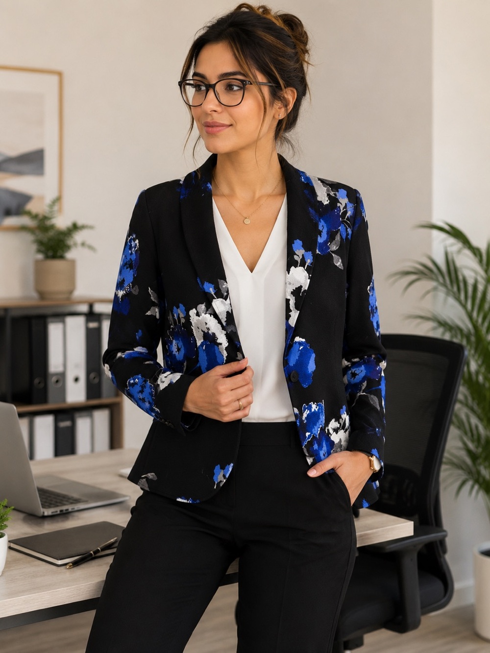 Vamp Floral Print Black & Blue Women's Blazer Jacket